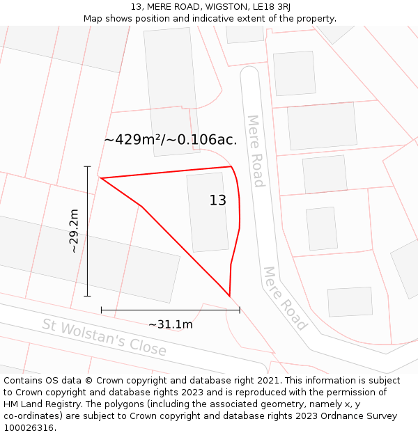 13, MERE ROAD, WIGSTON, LE18 3RJ: Plot and title map