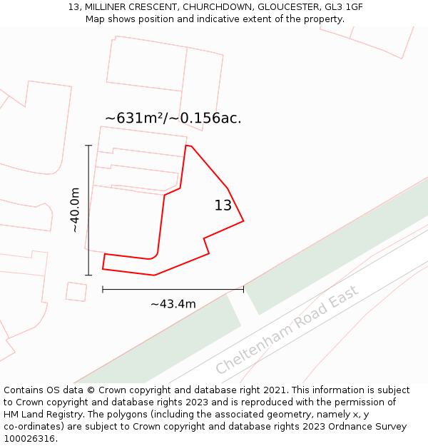 13, MILLINER CRESCENT, CHURCHDOWN, GLOUCESTER, GL3 1GF: Plot and title map