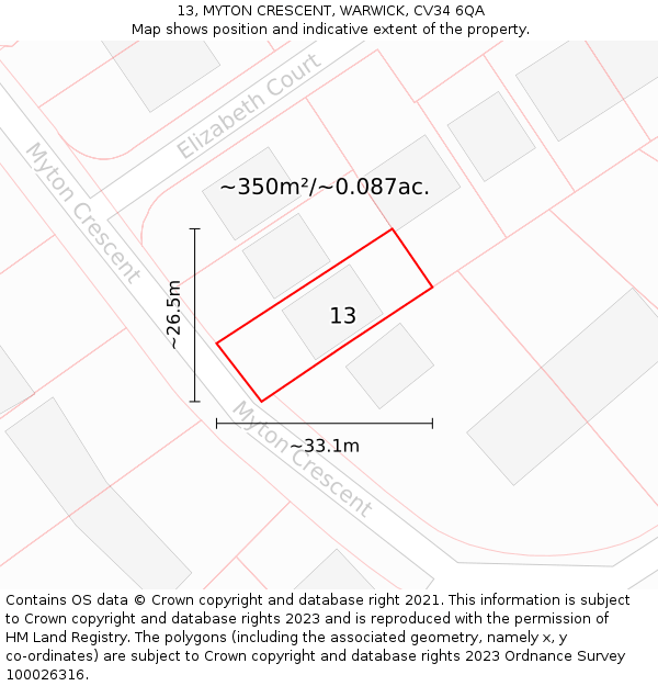 13, MYTON CRESCENT, WARWICK, CV34 6QA: Plot and title map