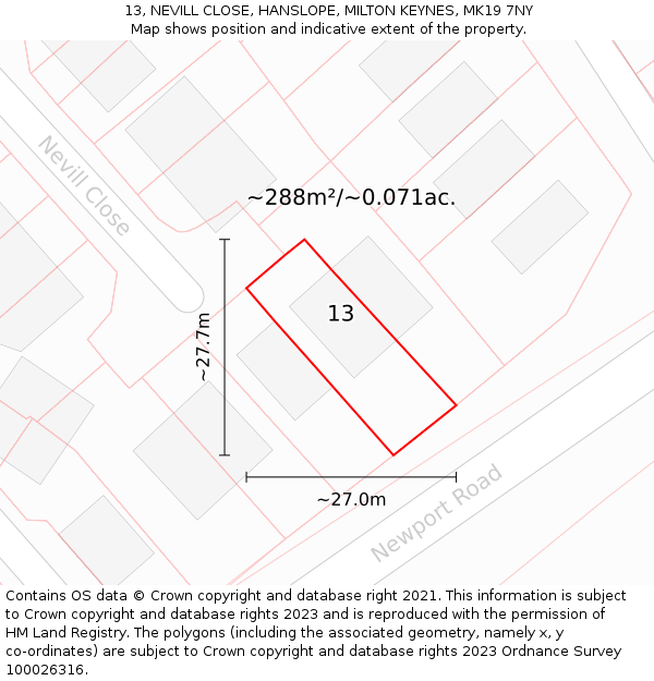 13, NEVILL CLOSE, HANSLOPE, MILTON KEYNES, MK19 7NY: Plot and title map