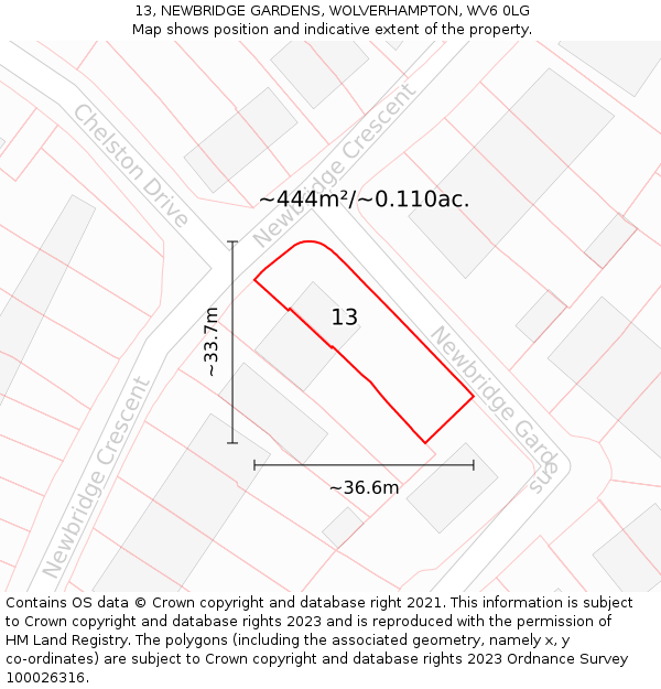 13, NEWBRIDGE GARDENS, WOLVERHAMPTON, WV6 0LG: Plot and title map