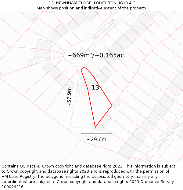 13, NEWNHAM CLOSE, LOUGHTON, IG10 4JG: Plot and title map