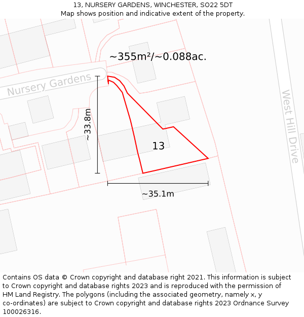 13, NURSERY GARDENS, WINCHESTER, SO22 5DT: Plot and title map