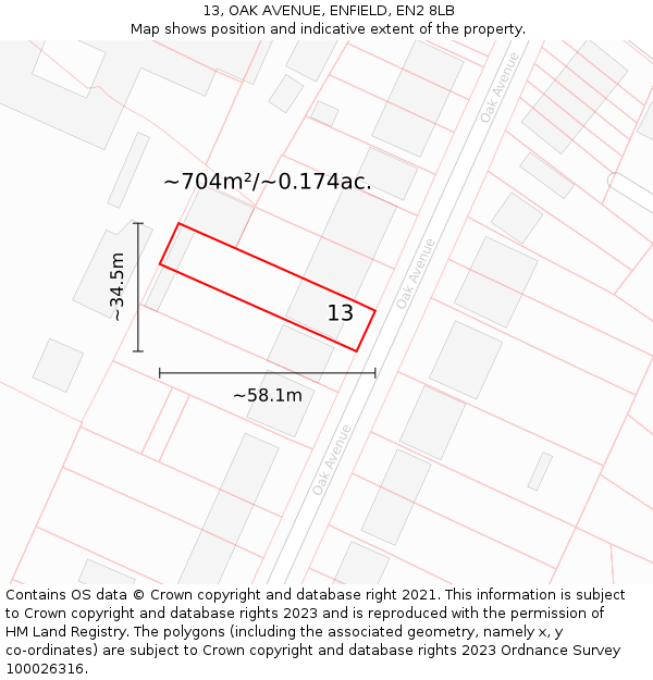 13, OAK AVENUE, ENFIELD, EN2 8LB: Plot and title map