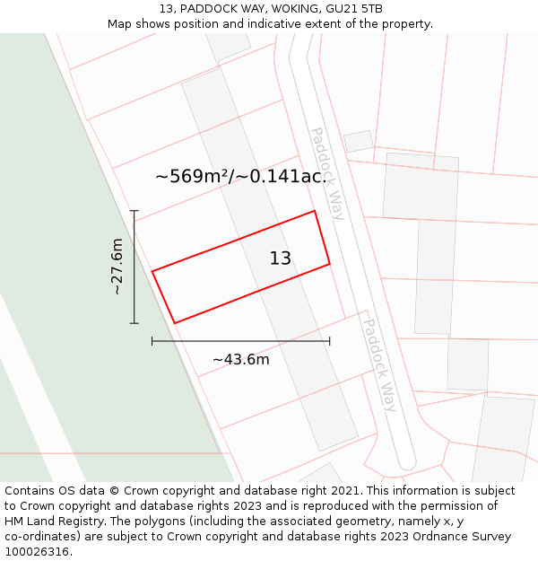 13, PADDOCK WAY, WOKING, GU21 5TB: Plot and title map