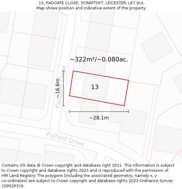 13, PADGATE CLOSE, SCRAPTOFT, LEICESTER, LE7 9UL: Plot and title map