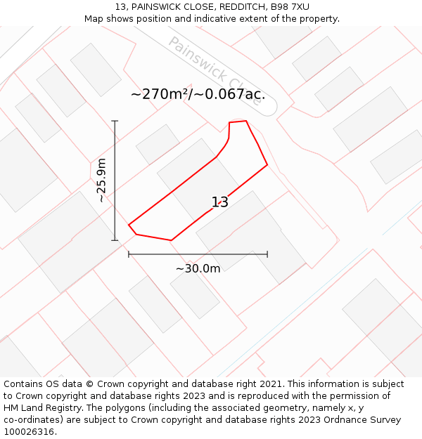 13, PAINSWICK CLOSE, REDDITCH, B98 7XU: Plot and title map