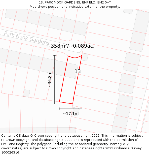 13, PARK NOOK GARDENS, ENFIELD, EN2 0HT: Plot and title map