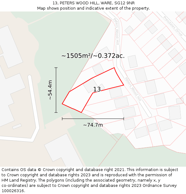 13, PETERS WOOD HILL, WARE, SG12 9NR: Plot and title map