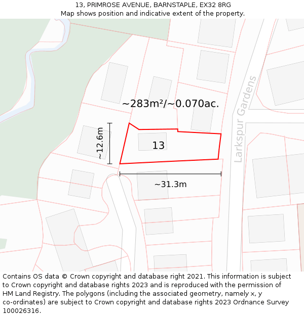 13, PRIMROSE AVENUE, BARNSTAPLE, EX32 8RG: Plot and title map