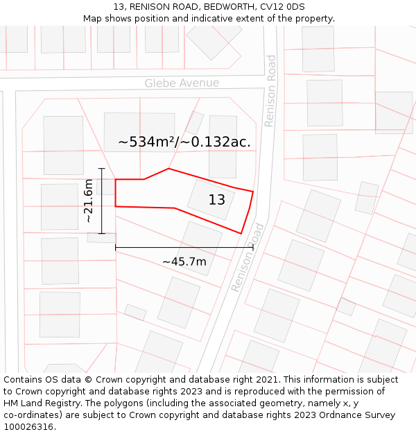 13, RENISON ROAD, BEDWORTH, CV12 0DS: Plot and title map