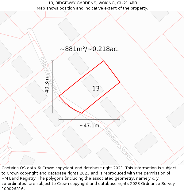 13, RIDGEWAY GARDENS, WOKING, GU21 4RB: Plot and title map