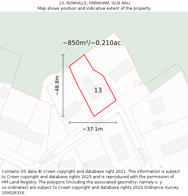 13, ROWHILLS, FARNHAM, GU9 9AU: Plot and title map