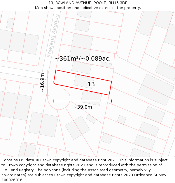 13, ROWLAND AVENUE, POOLE, BH15 3DE: Plot and title map