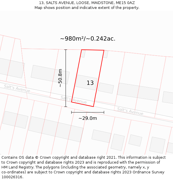 13, SALTS AVENUE, LOOSE, MAIDSTONE, ME15 0AZ: Plot and title map