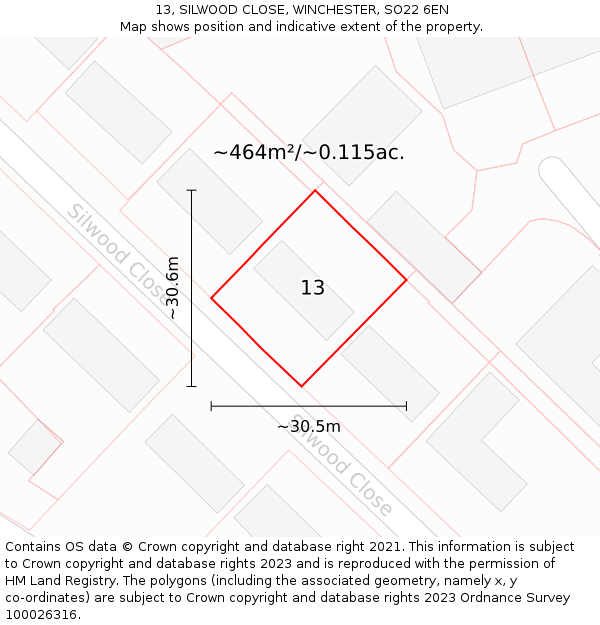 13, SILWOOD CLOSE, WINCHESTER, SO22 6EN: Plot and title map