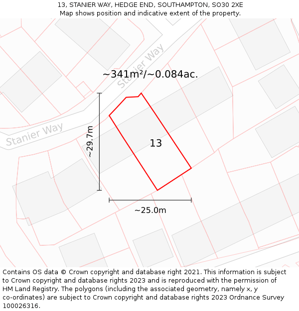 13, STANIER WAY, HEDGE END, SOUTHAMPTON, SO30 2XE: Plot and title map