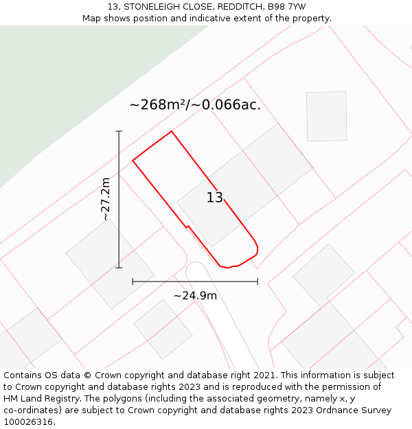 13, STONELEIGH CLOSE, REDDITCH, B98 7YW: Plot and title map