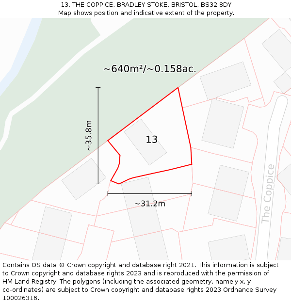 13, THE COPPICE, BRADLEY STOKE, BRISTOL, BS32 8DY: Plot and title map