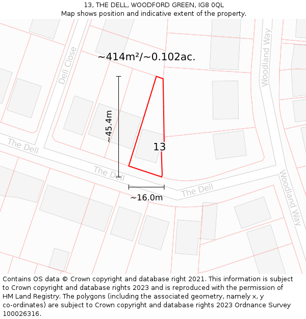 13, THE DELL, WOODFORD GREEN, IG8 0QL: Plot and title map