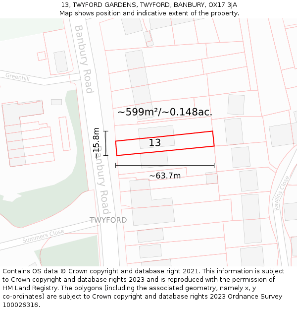 13, TWYFORD GARDENS, TWYFORD, BANBURY, OX17 3JA: Plot and title map