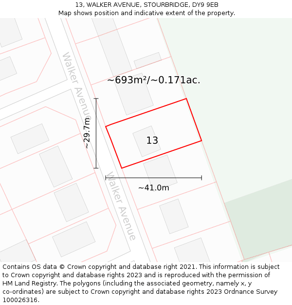 13, WALKER AVENUE, STOURBRIDGE, DY9 9EB: Plot and title map