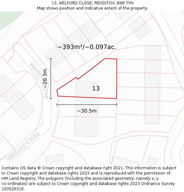 13, WELFORD CLOSE, REDDITCH, B98 7YN: Plot and title map