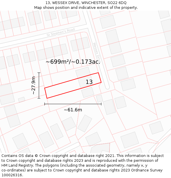 13, WESSEX DRIVE, WINCHESTER, SO22 6DQ: Plot and title map