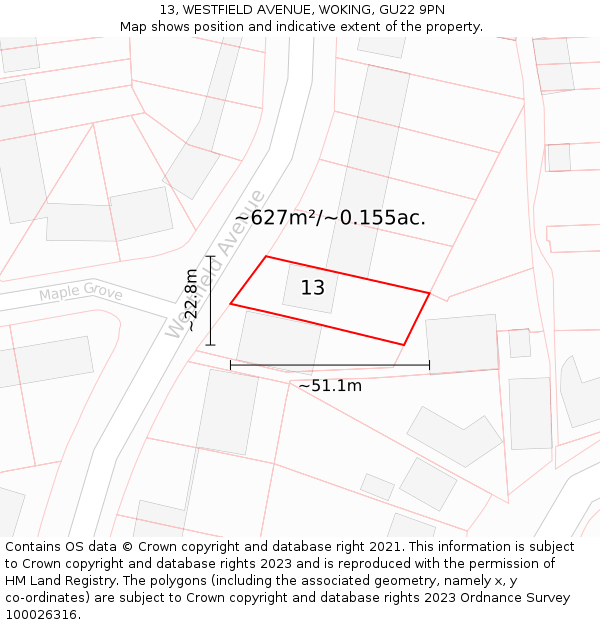 13, WESTFIELD AVENUE, WOKING, GU22 9PN: Plot and title map