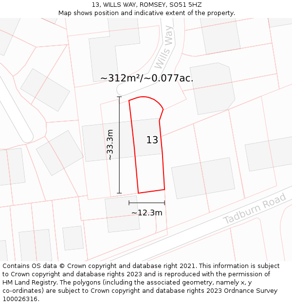 13, WILLS WAY, ROMSEY, SO51 5HZ: Plot and title map