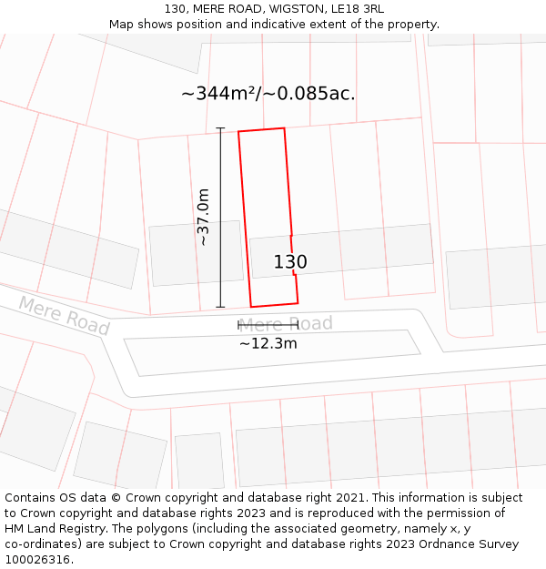 130, MERE ROAD, WIGSTON, LE18 3RL: Plot and title map