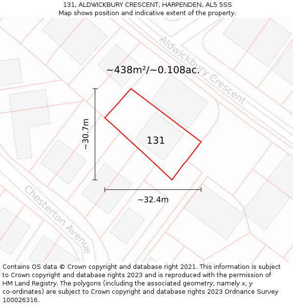 131, ALDWICKBURY CRESCENT, HARPENDEN, AL5 5SS: Plot and title map