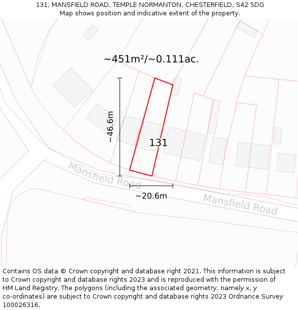 131, MANSFIELD ROAD, TEMPLE NORMANTON, CHESTERFIELD, S42 5DG: Plot and title map