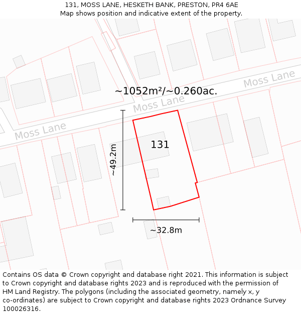 131, MOSS LANE, HESKETH BANK, PRESTON, PR4 6AE: Plot and title map