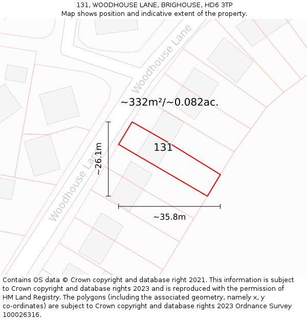 131, WOODHOUSE LANE, BRIGHOUSE, HD6 3TP: Plot and title map