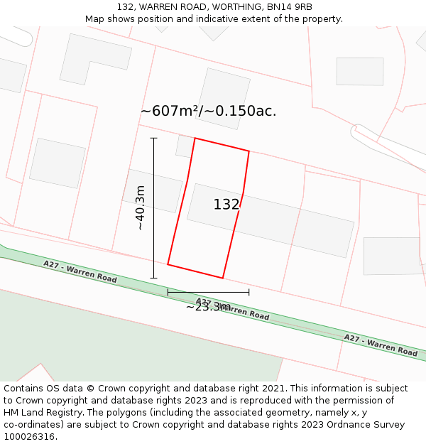 132, WARREN ROAD, WORTHING, BN14 9RB: Plot and title map