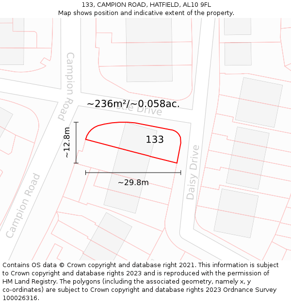 133, CAMPION ROAD, HATFIELD, AL10 9FL: Plot and title map