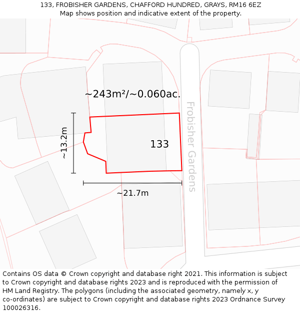 133, FROBISHER GARDENS, CHAFFORD HUNDRED, GRAYS, RM16 6EZ: Plot and title map