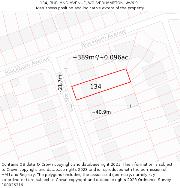 134, BURLAND AVENUE, WOLVERHAMPTON, WV6 9JL: Plot and title map