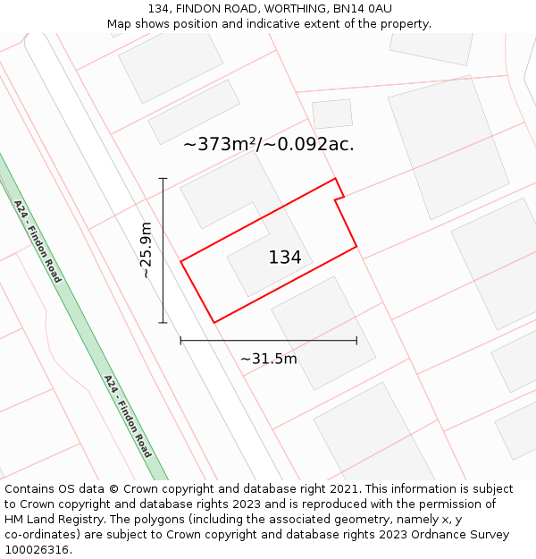 134, FINDON ROAD, WORTHING, BN14 0AU: Plot and title map