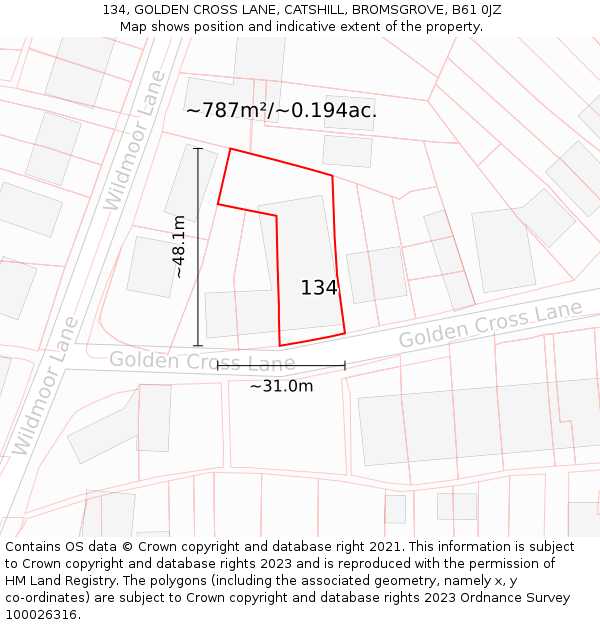 134, GOLDEN CROSS LANE, CATSHILL, BROMSGROVE, B61 0JZ: Plot and title map