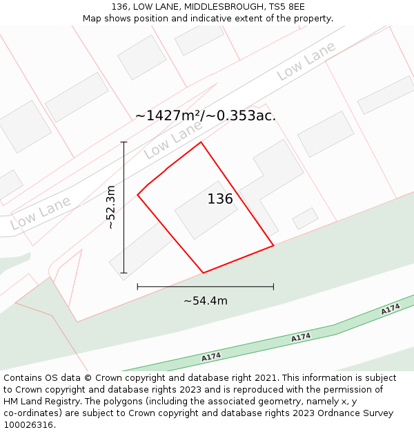136, LOW LANE, MIDDLESBROUGH, TS5 8EE: Plot and title map