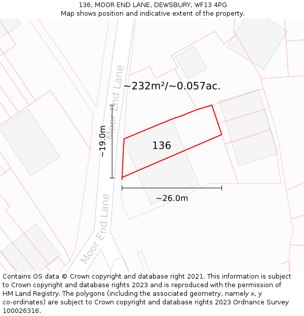 136, MOOR END LANE, DEWSBURY, WF13 4PG: Plot and title map