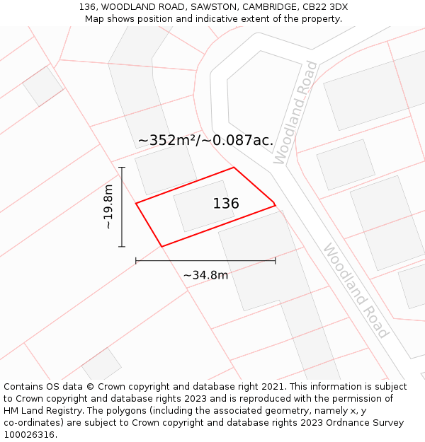 136, WOODLAND ROAD, SAWSTON, CAMBRIDGE, CB22 3DX: Plot and title map