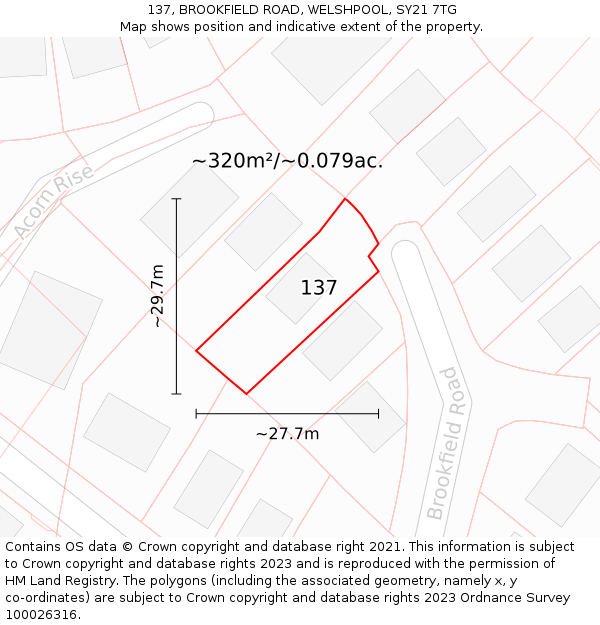 137, BROOKFIELD ROAD, WELSHPOOL, SY21 7TG: Plot and title map