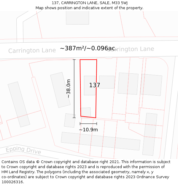 137, CARRINGTON LANE, SALE, M33 5WJ: Plot and title map