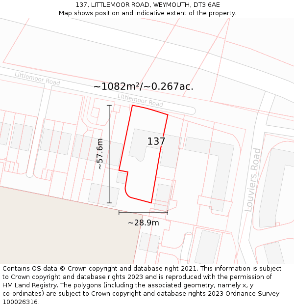 137, LITTLEMOOR ROAD, WEYMOUTH, DT3 6AE: Plot and title map