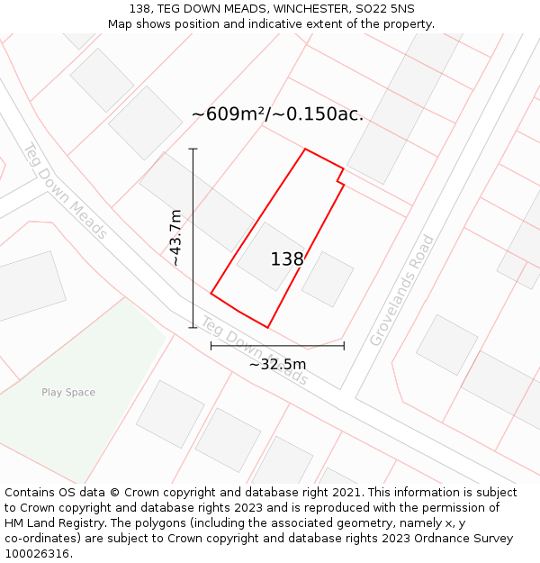 138, TEG DOWN MEADS, WINCHESTER, SO22 5NS: Plot and title map