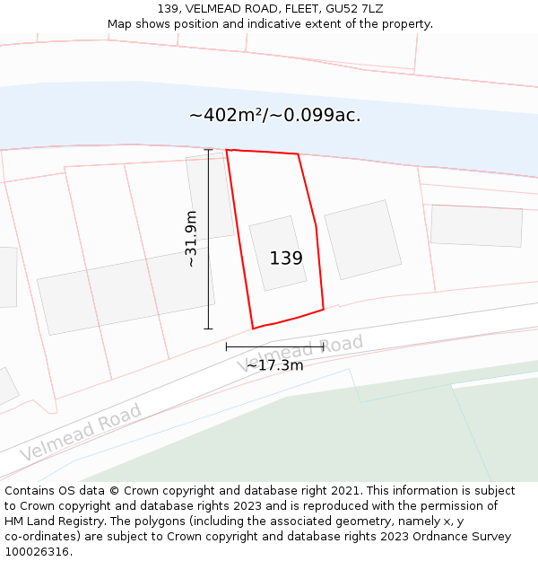 139, VELMEAD ROAD, FLEET, GU52 7LZ: Plot and title map
