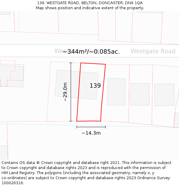 139, WESTGATE ROAD, BELTON, DONCASTER, DN9 1QA: Plot and title map